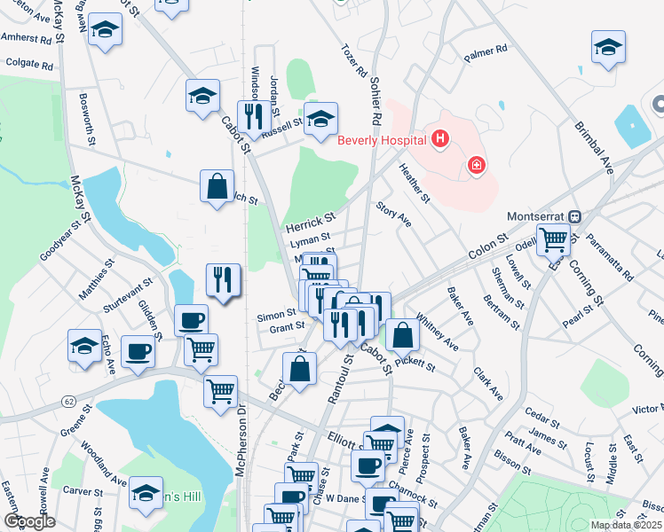 map of restaurants, bars, coffee shops, grocery stores, and more near 26 Mason Street in Beverly