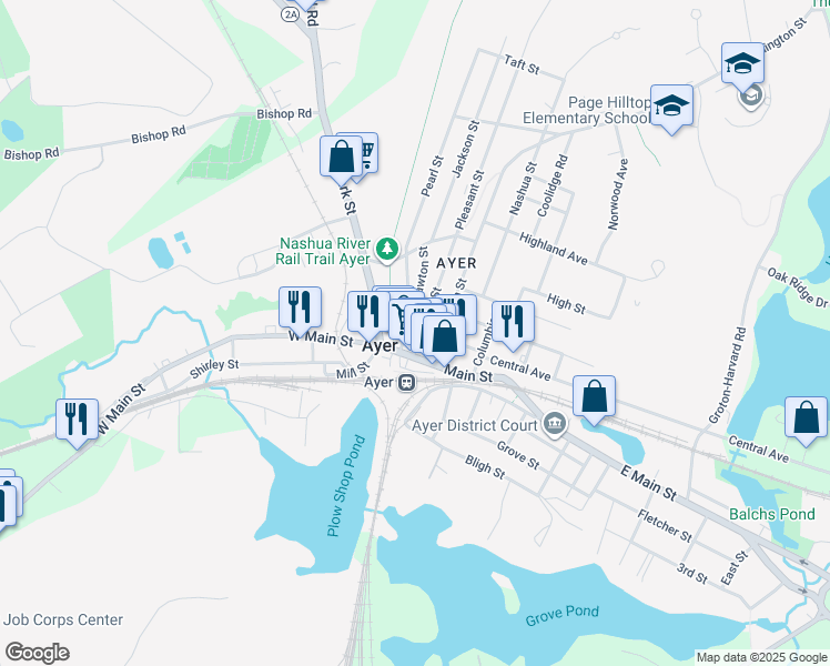 map of restaurants, bars, coffee shops, grocery stores, and more near 28 West Street in Ayer