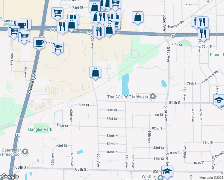 map of restaurants, bars, coffee shops, grocery stores, and more near 5906 80th Street in Kenosha