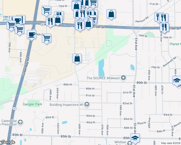 map of restaurants, bars, coffee shops, grocery stores, and more near 5788 80th Street in Kenosha