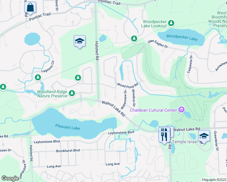 map of restaurants, bars, coffee shops, grocery stores, and more near 6392 Wood Pond Road in West Bloomfield Township