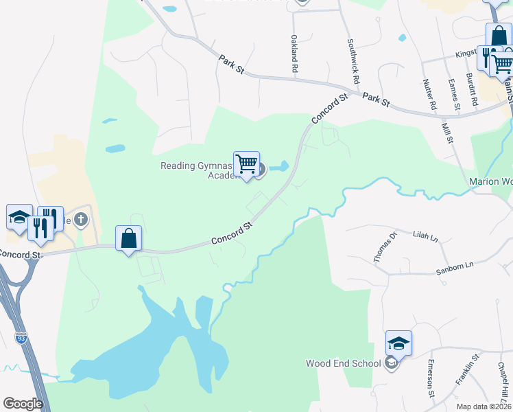 map of restaurants, bars, coffee shops, grocery stores, and more near 55 Concord Street in North Reading