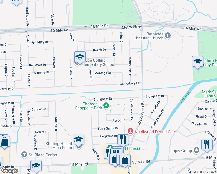 map of restaurants, bars, coffee shops, grocery stores, and more near 13351 Canterbury Drive in Sterling Heights