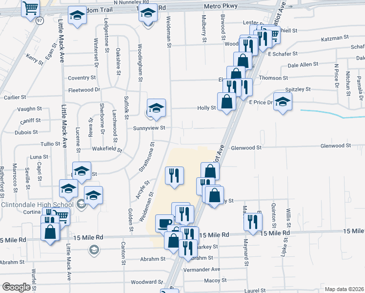 map of restaurants, bars, coffee shops, grocery stores, and more near 21535 Hillside Drive in Clinton Township