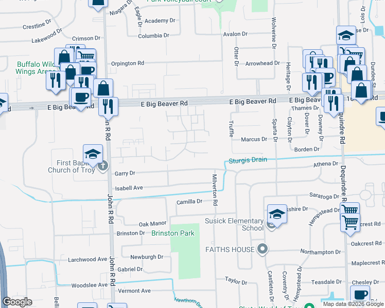 map of restaurants, bars, coffee shops, grocery stores, and more near 2900 Roundtree Drive in Troy