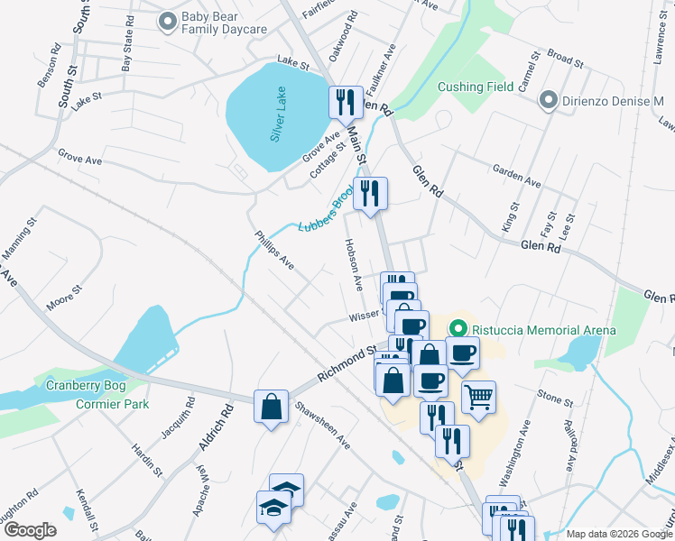 map of restaurants, bars, coffee shops, grocery stores, and more near 25 Baker Street in Wilmington
