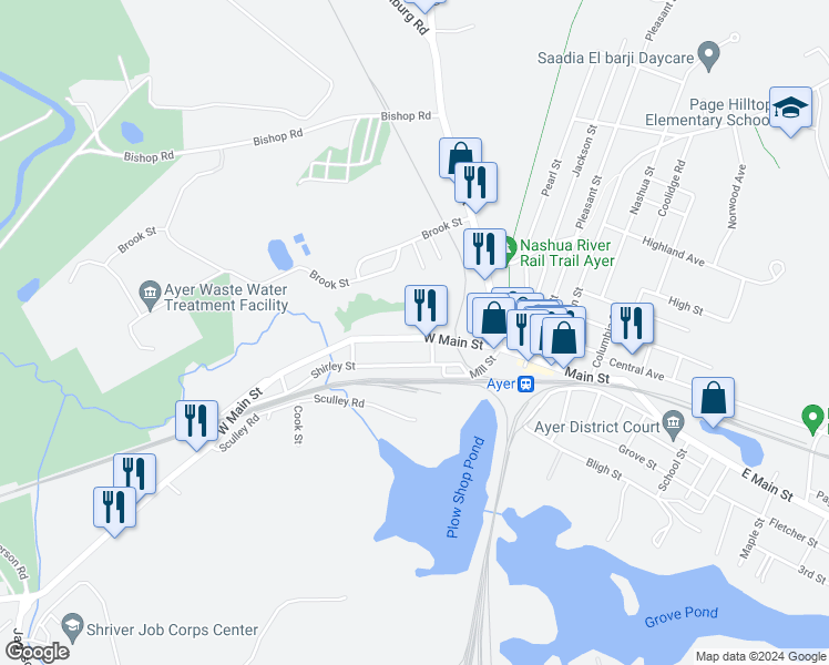 map of restaurants, bars, coffee shops, grocery stores, and more near 65 West Main Street in Ayer