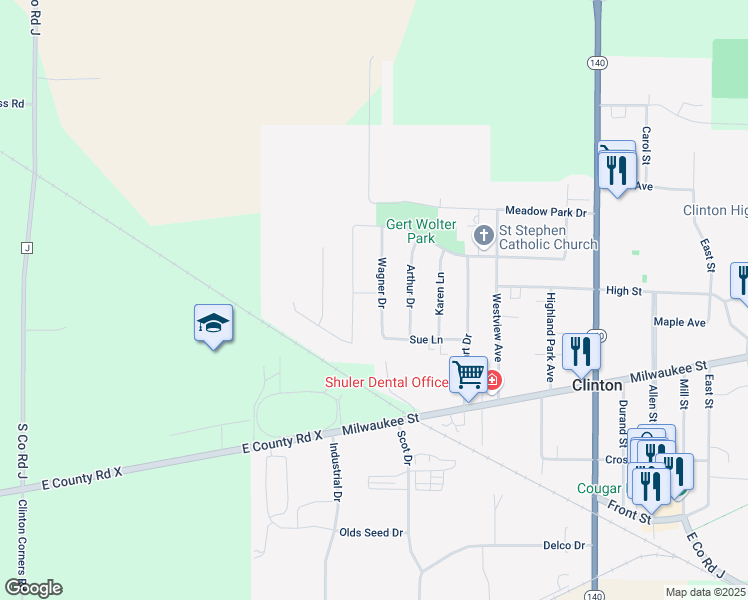 map of restaurants, bars, coffee shops, grocery stores, and more near 900 Cougar Lane in Clinton