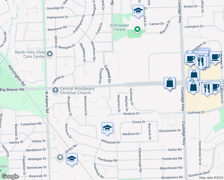 map of restaurants, bars, coffee shops, grocery stores, and more near 3521 West Big Beaver Road in Troy