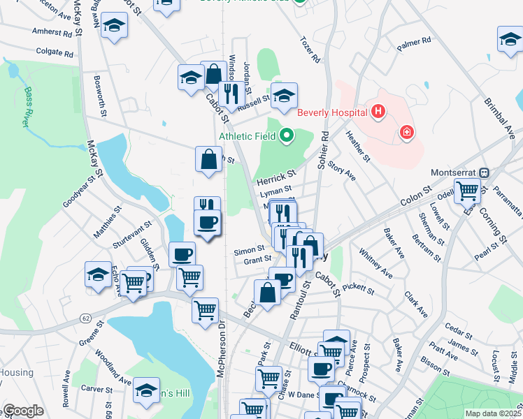 map of restaurants, bars, coffee shops, grocery stores, and more near 9 Lyman Street in Beverly
