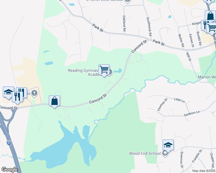map of restaurants, bars, coffee shops, grocery stores, and more near 55 Concord Street in North Reading