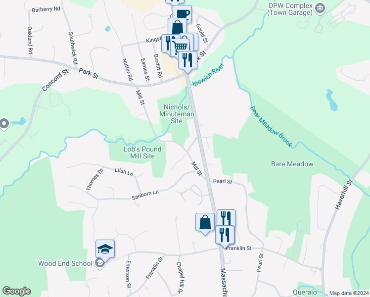 map of restaurants, bars, coffee shops, grocery stores, and more near 51 Mill Street in North Reading