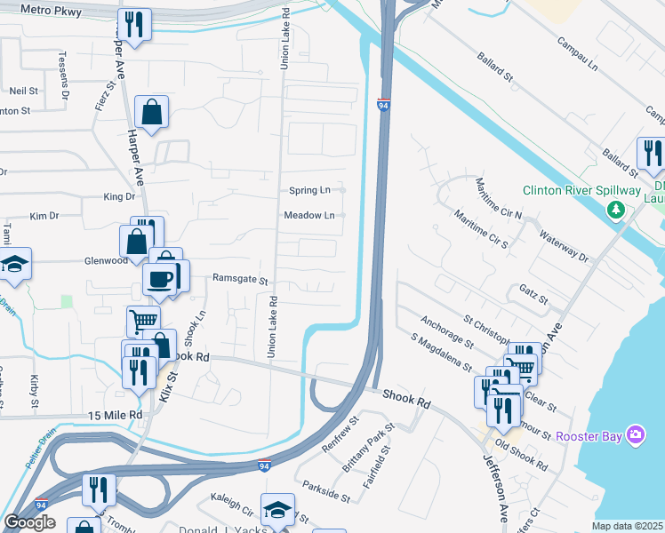 map of restaurants, bars, coffee shops, grocery stores, and more near 24671 Lake Meadow Drive in Harrison Township
