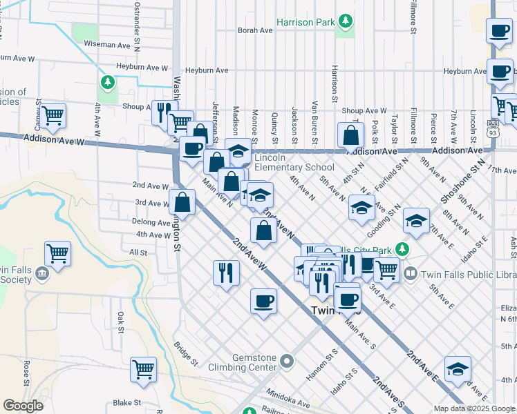 map of restaurants, bars, coffee shops, grocery stores, and more near 512 Main Avenue North in Twin Falls