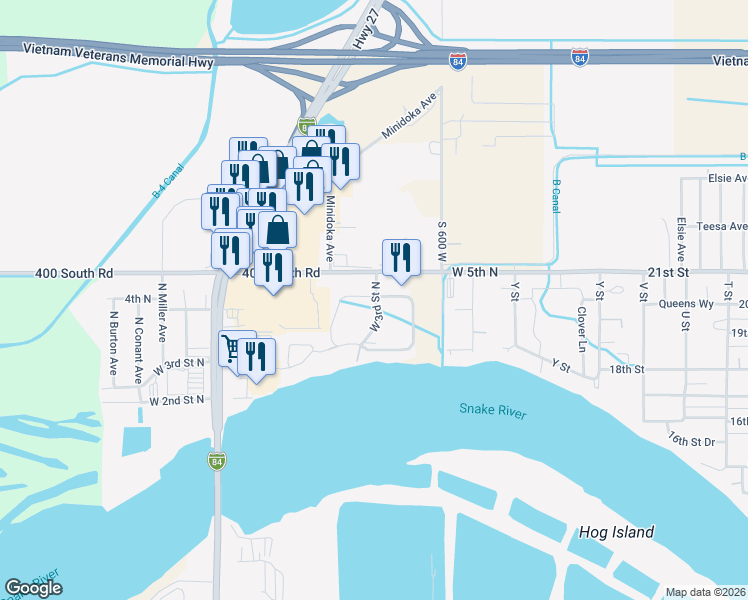 map of restaurants, bars, coffee shops, grocery stores, and more near 485 East 5th Street North in Burley