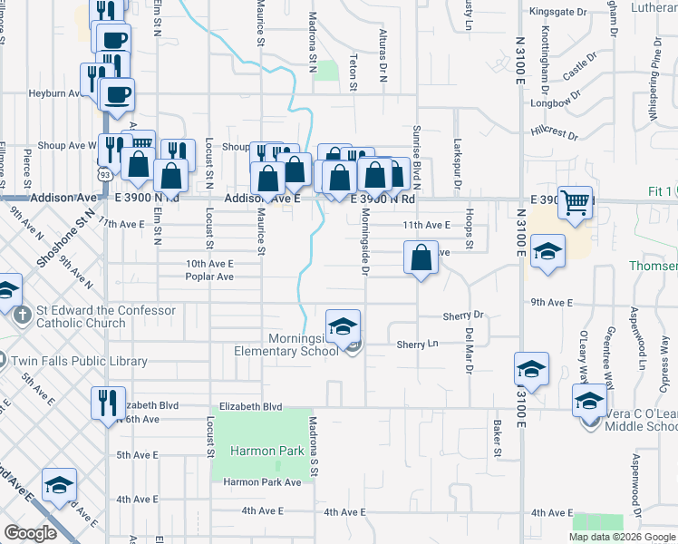 map of restaurants, bars, coffee shops, grocery stores, and more near 1817 Spring Lane in Twin Falls