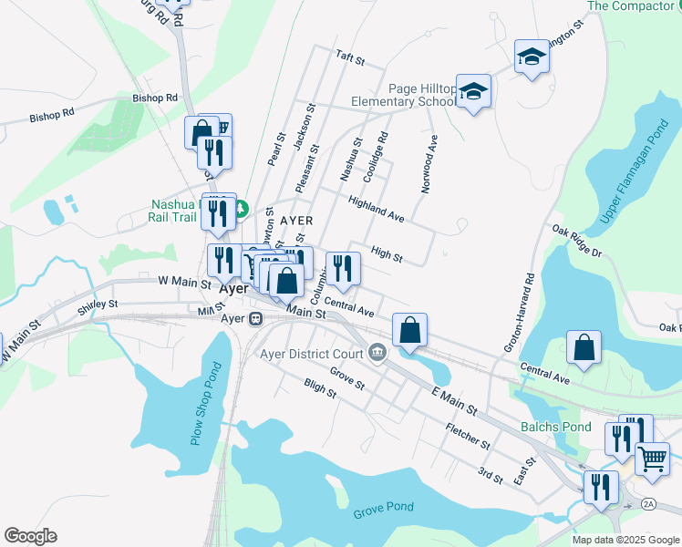 map of restaurants, bars, coffee shops, grocery stores, and more near 21 Williams Street in Ayer