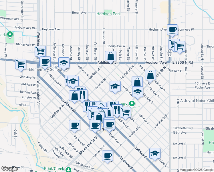 map of restaurants, bars, coffee shops, grocery stores, and more near 336 5th Avenue North in Twin Falls
