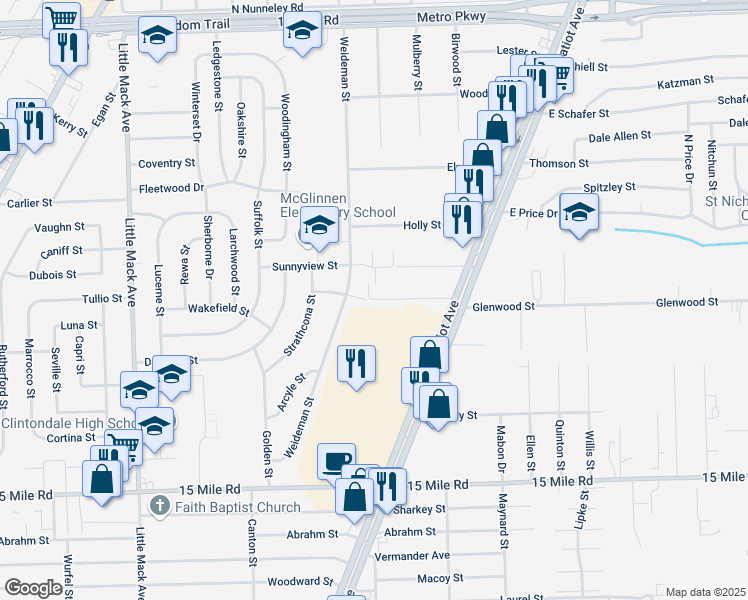 map of restaurants, bars, coffee shops, grocery stores, and more near 21641 Hillside Drive in Charter Township of Clinton