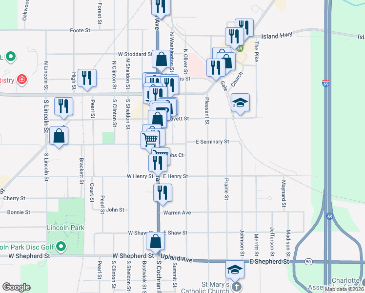 map of restaurants, bars, coffee shops, grocery stores, and more near 225 Washington Street in Charlotte