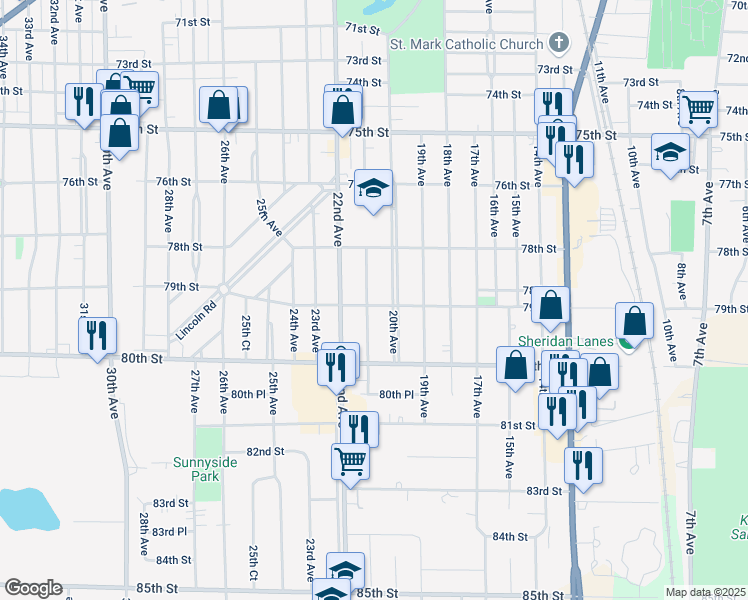map of restaurants, bars, coffee shops, grocery stores, and more near 7843 21st Avenue in Kenosha