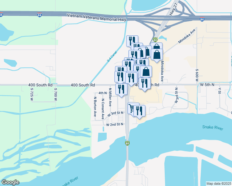 map of restaurants, bars, coffee shops, grocery stores, and more near 123 5th North in Burley