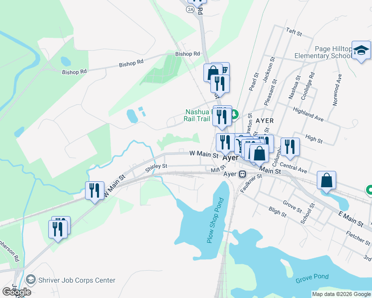 map of restaurants, bars, coffee shops, grocery stores, and more near 65 West Main Street in Ayer