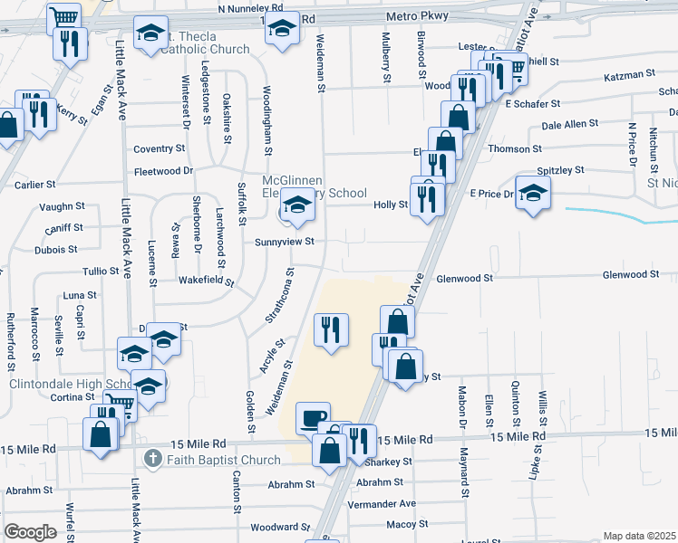 map of restaurants, bars, coffee shops, grocery stores, and more near 21681 Hillside Drive in Clinton Township
