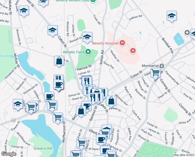 map of restaurants, bars, coffee shops, grocery stores, and more near 37 Mason Street in Beverly