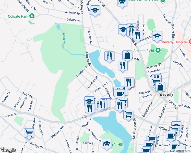 map of restaurants, bars, coffee shops, grocery stores, and more near 82 McKay Street in Beverly