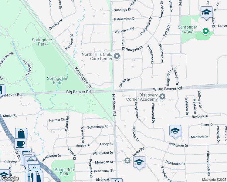 map of restaurants, bars, coffee shops, grocery stores, and more near W Big Beaver Rd & N Adams Rd in Bloomfield Township