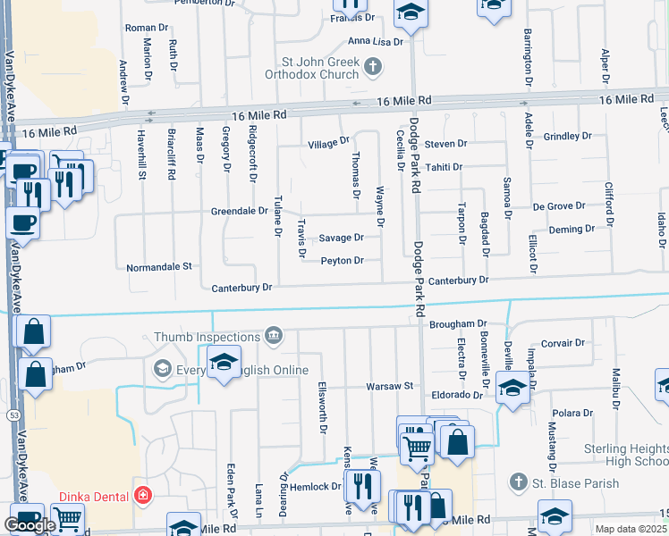 map of restaurants, bars, coffee shops, grocery stores, and more near 11349 Peyton Drive in Sterling Heights