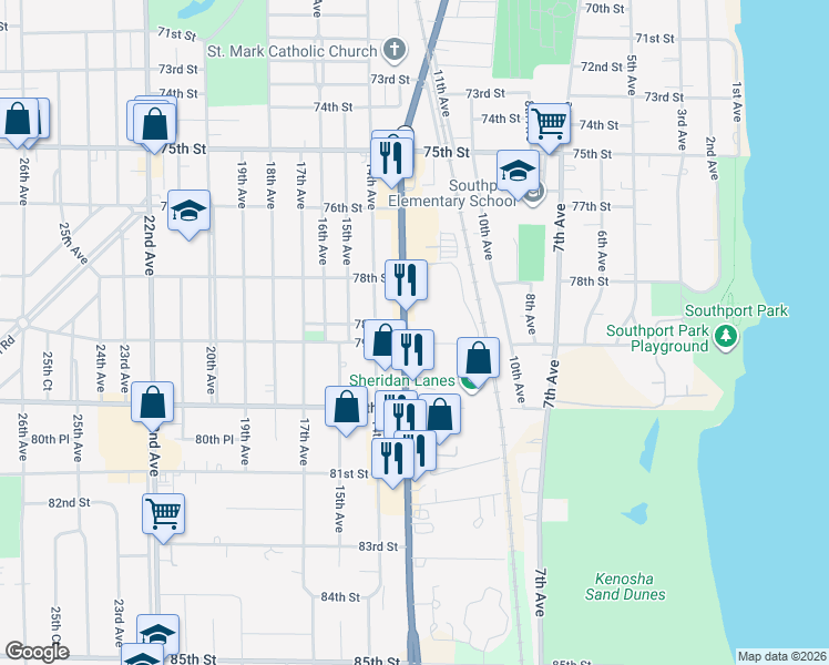 map of restaurants, bars, coffee shops, grocery stores, and more near 7855 Sheridan Road in Kenosha