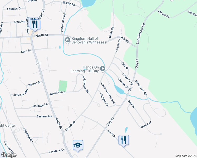 map of restaurants, bars, coffee shops, grocery stores, and more near 226 Lincoln Street in Leominster