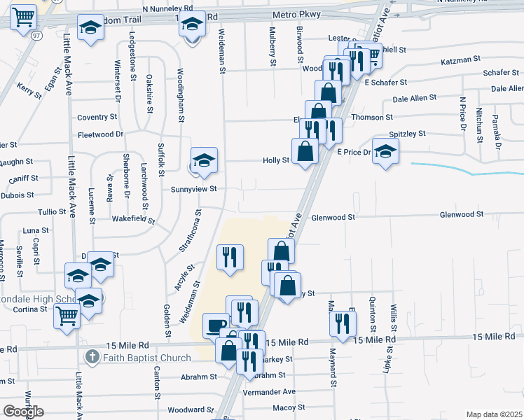 map of restaurants, bars, coffee shops, grocery stores, and more near 21761 Hillside Drive in Charter Township of Clinton