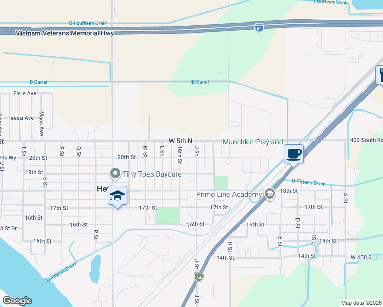 map of restaurants, bars, coffee shops, grocery stores, and more near 2001-2013 J Street in Heyburn