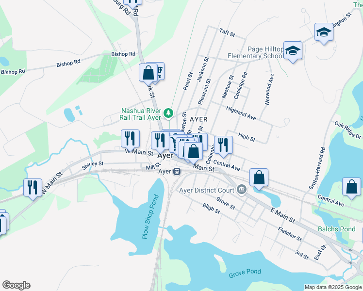 map of restaurants, bars, coffee shops, grocery stores, and more near 28 West Street in Ayer