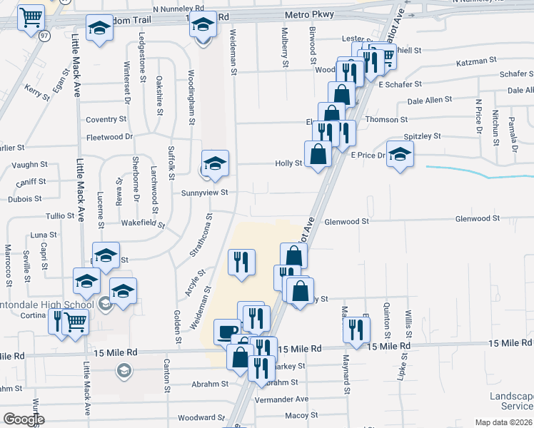 map of restaurants, bars, coffee shops, grocery stores, and more near 21681 Hillside Drive in Clinton Township