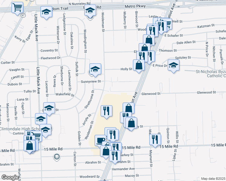 map of restaurants, bars, coffee shops, grocery stores, and more near 21535 Hillside Drive in Clinton Township
