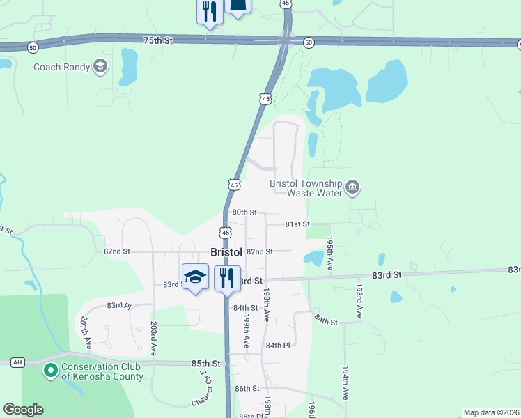 map of restaurants, bars, coffee shops, grocery stores, and more near 19800 80th Street in Bristol