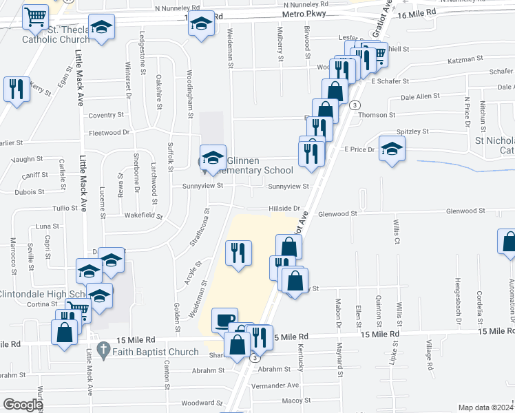 map of restaurants, bars, coffee shops, grocery stores, and more near 21641 Hillside in Clinton Township