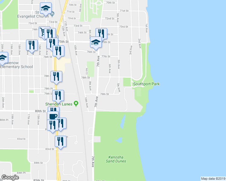 map of restaurants, bars, coffee shops, grocery stores, and more near 7848 5th Court in Kenosha