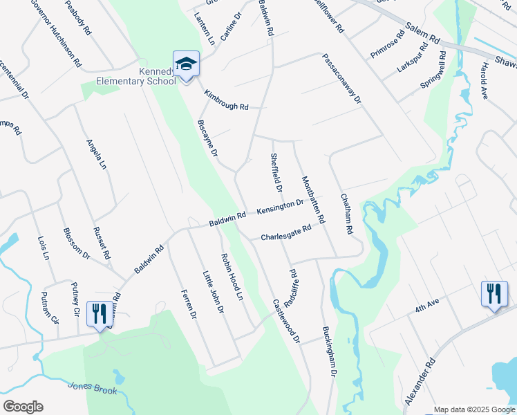 map of restaurants, bars, coffee shops, grocery stores, and more near 4 Kensington Drive in Billerica