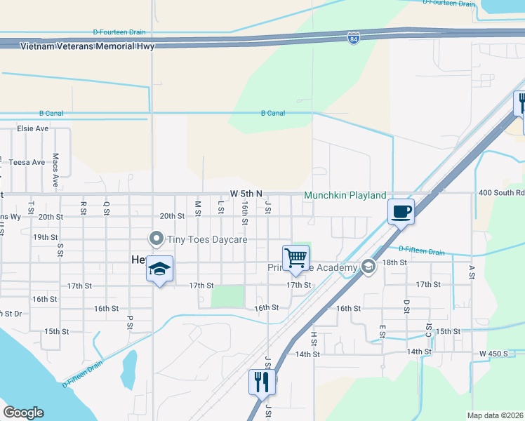 map of restaurants, bars, coffee shops, grocery stores, and more near 2001 J Street in Heyburn