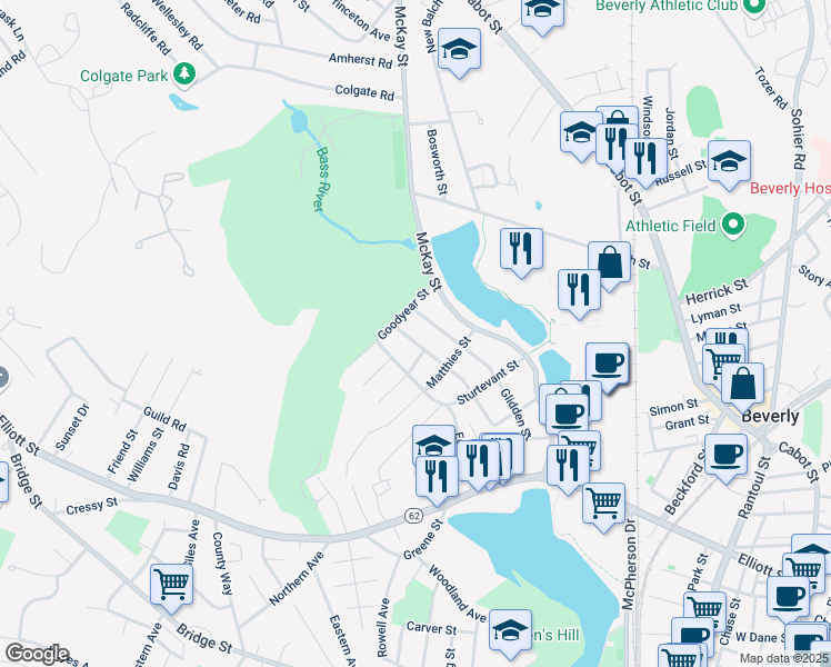 map of restaurants, bars, coffee shops, grocery stores, and more near 13 Glidden Street in Beverly
