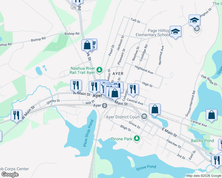 map of restaurants, bars, coffee shops, grocery stores, and more near 11 Pleasant Street in Ayer