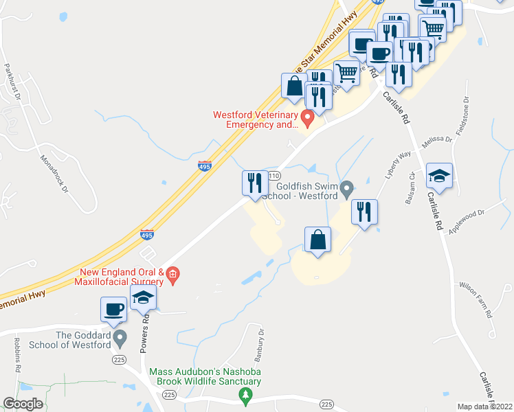 map of restaurants, bars, coffee shops, grocery stores, and more near 1 Lan Drive in Westford