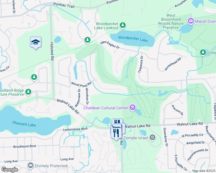map of restaurants, bars, coffee shops, grocery stores, and more near 6073 Glen Eagles Drive in West Bloomfield Township