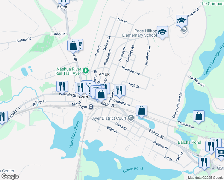 map of restaurants, bars, coffee shops, grocery stores, and more near 24 Cambridge Street in Ayer
