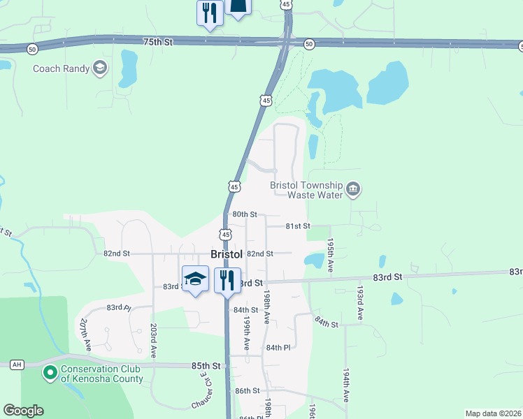 map of restaurants, bars, coffee shops, grocery stores, and more near 19800 80th Street in Bristol